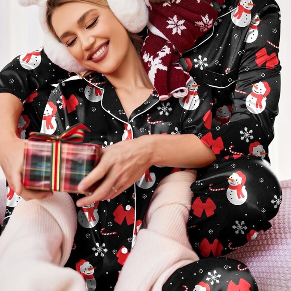 Silk Satin Pajama Set Long Sleeve Button Down Loungewear - Picture 3 of 4